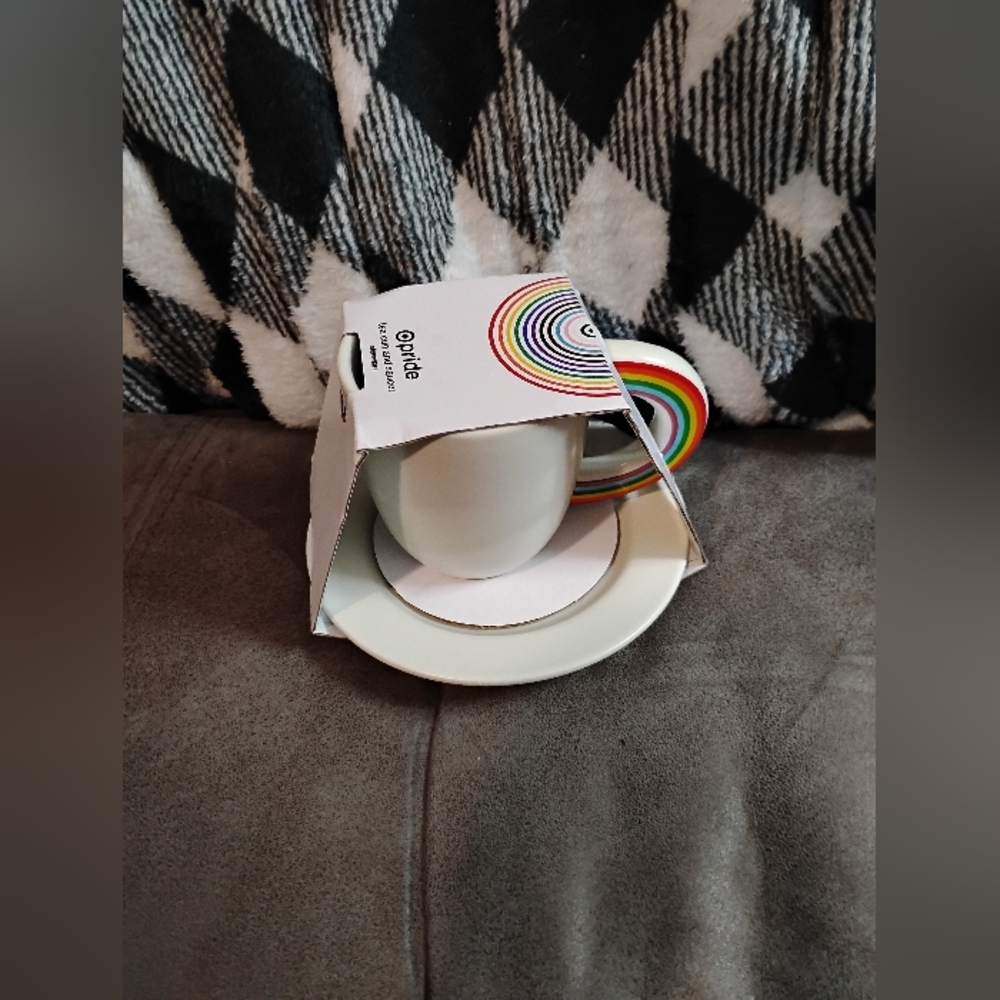 Rainbow 🌈 White Mug and Saucer Set. NWT
